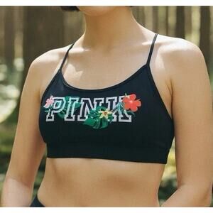 Victoria's Secret PINK Ultimate Lightly Lined Sports Bra Sz L Black Tropical NWT